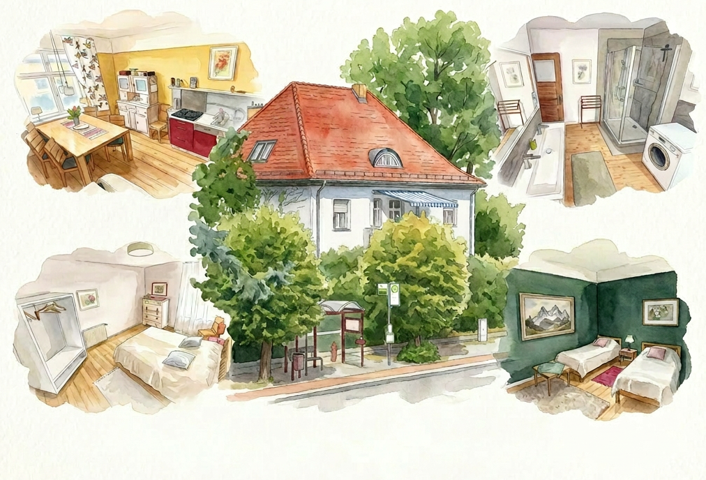 Außenansicht der Ferienwohnung Bad Belzig mit rotem Dach und grünem Garten im Hohen Fläming